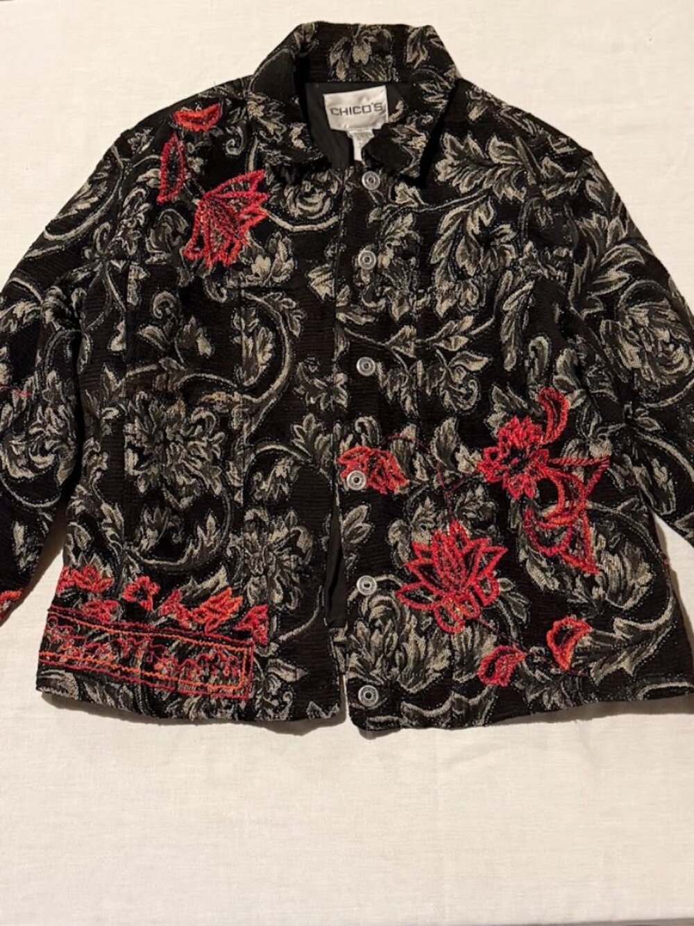 Chico’s Black Metallic Floral Tapestry Jacket with Red Embroidery